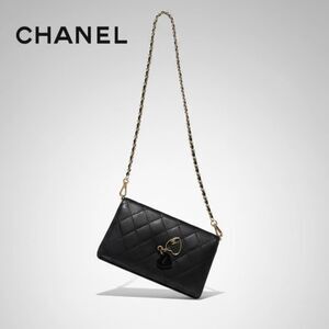 Chanel (Authentic) Black Matelassé Quilted Leather CC Charms Long Wallet + Chain